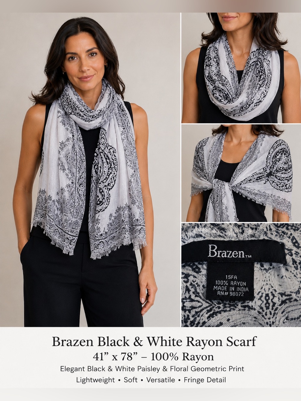 Brazen Black & White Rayon Scarf 41”x78” 100% Rayon Fringe Geo/Floral Print